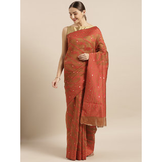                       Meia Brown & Red Silk Cotton Woven Design Jamdani Saree                                              