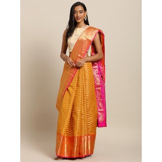 Meia Gold-Toned & Pink Silk Blend Woven Design Kanjeevaram Saree