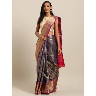 Meia Navy Blue & Gold-Toned Silk Blend Woven Design Kanjeevaram Saree Meia Navy Blue & Gold-Toned Silk Blend Woven Design Kanjeevaram Saree