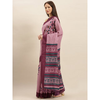                       Meia Pink & Burgundy Silk Blend Floral Printed Saree                                              