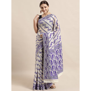                       Meia Cream-Coloured & Purple Silk Cotton Woven Design Jamdani Saree                                              
