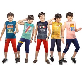Kavin's Cotton Three-Fourth Pant with Sleeveless Tees for Boys, Pack of 5, Multicolored-Lucky
