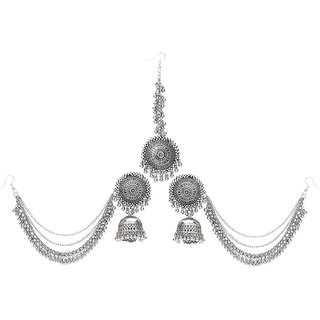 Ibbie Oxidised Silver Afghani Navratri Garba Style Traditional Maang Tikka with Jhumka Earrings Jewellery Set for Women