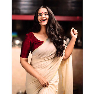 Sandal colour saree contrast blouse sale