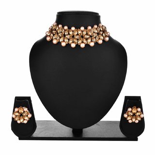                       Golden Kundan Pearl Designer Flower Style Choker Jewellery set                                              