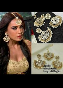 Designer Ethnic Indian Bollywood Kundan Pearl Chandbali Earrings Tikka Set