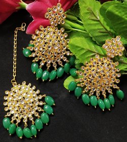 Emerald Pearl Kundan Chandbali Earrings Tikka Set