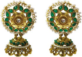 Emerald Green Kundan Pearl Antique Jhumki Earrings Set