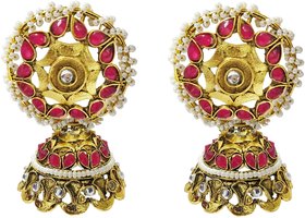Ruby Pink Kundan Pearl Antique Jhumki Earrings Set