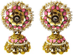 Pink Kundan Pearl Antique Jhumki Earrings Set