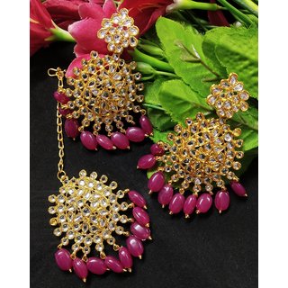                       Ruby Pearl Kundan Chandbali Earrings Tikka Set                                              