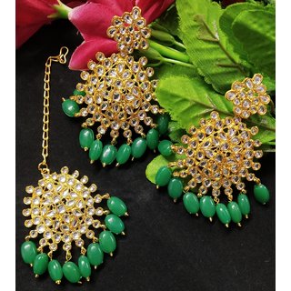                       Emerald Pearl Kundan Chandbali Earrings Tikka Set                                              