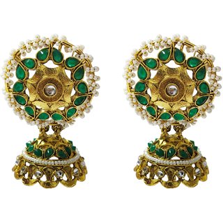                       Emerald Green Kundan Pearl Antique Jhumki Earrings Set                                              