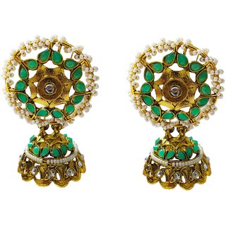                       Mint Green Kundan Pearl Antique Jhumki Earrings Set                                              