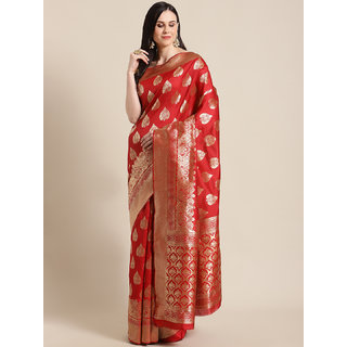                       Sharda Creation Women's Red Embellished With Blouse Saree                                              
