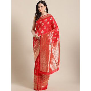                       Sharda Creation Women's Red Embellished With Blouse Saree                                              