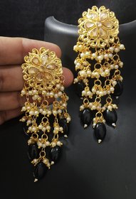 Golden Kundan Black Pearl Flower Style Laheriya Earrings Set
