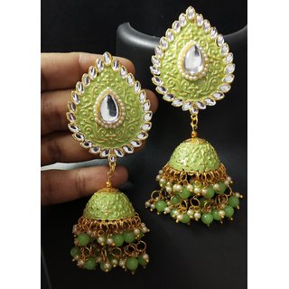                       Mint Green Meenakari Big Tilak Tops Jhumki Earrings Set                                              
