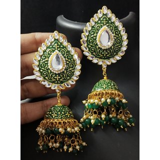                      Dark Green Meenakari Big Tilak Tops Jhumki Earrings Set                                              