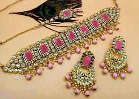 White Pink CZ Kundan Pearl Chokar Jewelry set