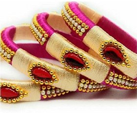 Mayank Creations Silk Thread Bangles Pink and Cream