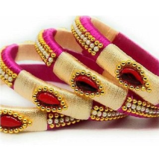                       Mayank Creations Silk Thread Bangles Pink and Cream                                              