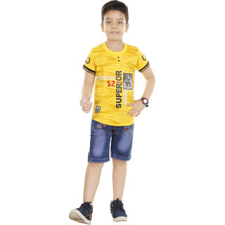 HRR Boys Festive Superior Yellow Tshirt With Stretchable Denim Half pant