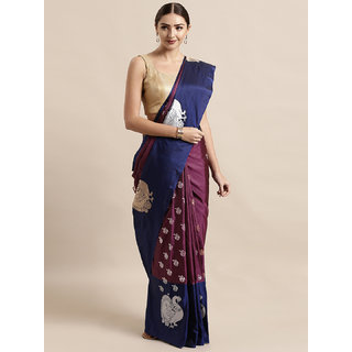                       Vastranand Burgundy & Navy Blue Silk Blend Woven Design Kanjeevaram Saree                                              