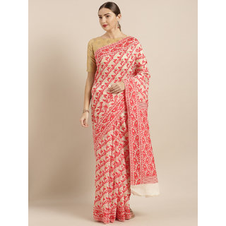 Vastranand Cream-Coloured & Red Silk Cotton Woven Design Jamdani Saree Vastranand Cream-Coloured & Red Silk Cotton Woven Design Jamdani Saree