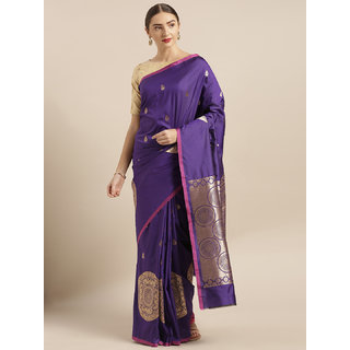                       Vastranand Purple & Gold-Toned Silk Blend Woven Design Banarasi Saree                                              
