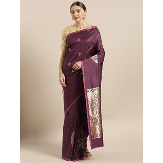                       Vastranand Burgundy & Gold-Toned Silk Blend Woven Design Banarasi Saree                                              