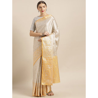 Vastranand Beige & Yellow Silk Blend Woven Design Kanjeevaram Saree Vastranand Beige & Yellow Silk Blend Woven Design Kanjeevaram Saree
