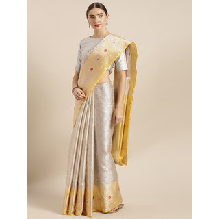                       Vastranand Silver-Toned & Yellow Kora Muslin Silk Blend Woven Design Kanjeevaram Saree                                              