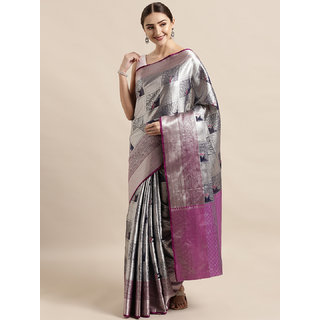                       Vastranand Grey & Silver Silk Blend Woven Design Kanjeevaram Saree                                              