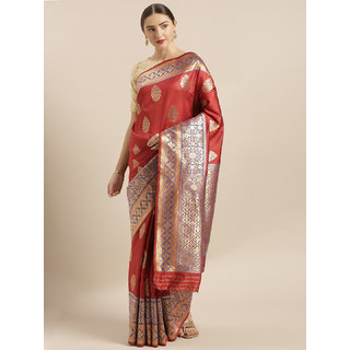                       Vastranand Red & Gold-Toned Silk Blend Woven Design Banarasi Saree                                              