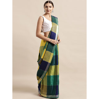                       Vastranand Green & Yellow Linen Blend Checked Saree                                              