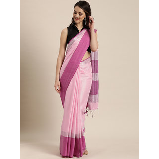                       Vastranand Pink Solid Linen Blend Saree                                              