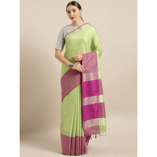                       Vastranand Green Solid Linen Blend Saree                                              