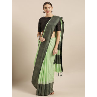                       Vastranand Green & Black Linen Blend Solid Saree                                              