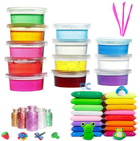 FC 12 pc Air Dry Clay+12 Crystal Slime+Glitter for Kids(Boys,Girls)