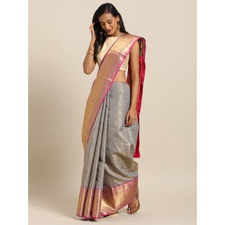 Meia Grey & Pink Silk Blend Woven Design Wedding Kanjeevaram Saree Meia Grey & Pink Silk Blend Woven Design Wedding Kanjeevaram Saree