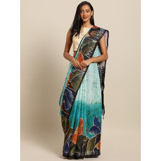                       Meia Turquoise Blue & Brown Linen Blend Printed Khadi Saree                                              