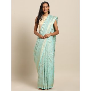                       Meia Blue & Gold-Toned Silk Blend Woven Design Baluchari Saree                                              