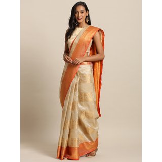                       Meia Beige & Orange Kora Silk Blend Woven Design Kanjeevaram Saree                                              