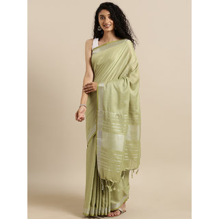                       Meia Green Solid Linen Blend Angolla Saree                                              