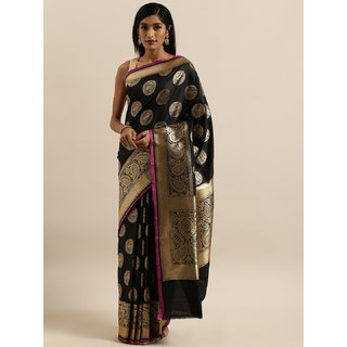                       Meia Black & Gold-Colored Silk Blend Woven Design Banarasi Saree                                              