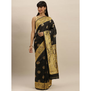                       Meia Black & Yellow Silk Blend Embroidered Banarasi Saree                                              