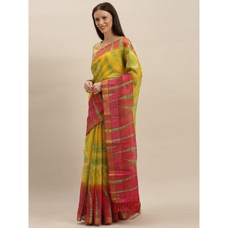                       Meia Yellow & Pink Silk Blend Printed Bandhani Saree                                              