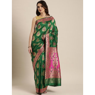                       Meia Green & Gold-Toned Silk Blend Woven Design Banarasi Saree                                              