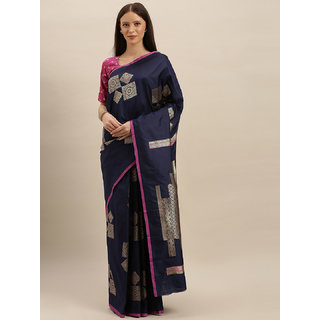 Meia Navy Blue & Gold-Toned Silk Blend Woven Design Kanjeevaram Saree